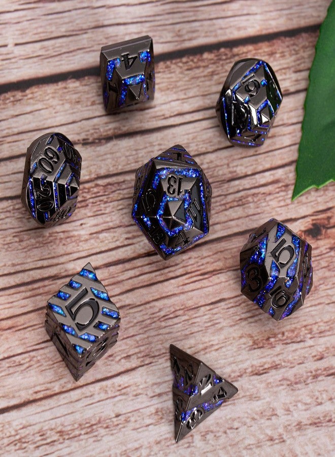 Maywin Metallic Glitter Stripes D&D Dice Set,7 PCS Polyhedral Dice with Gift,RPG Metal Dice Set Dungeons and Dragons Tabletop Game (Black Nickel Sapphire Blue) for 15 Years and Up - Image 5